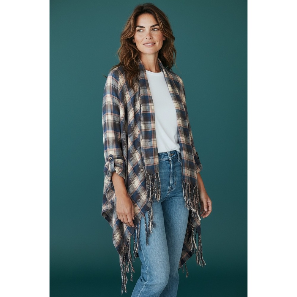 En Creme Medium Plaid Fringe Cardigan Waterfall Kimono Blue Cream Boho Western - Picture 2 of 11